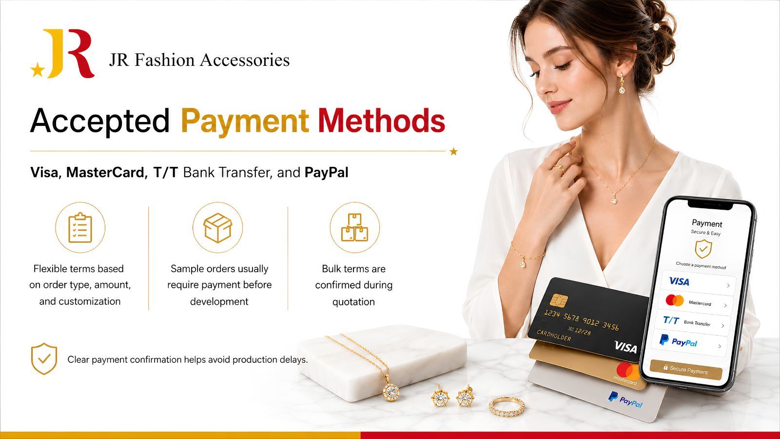 Accepterade betalningsmetoder för B2B grossistsmycken: Visa, MasterCard, T/T banköverföring och PayPal.