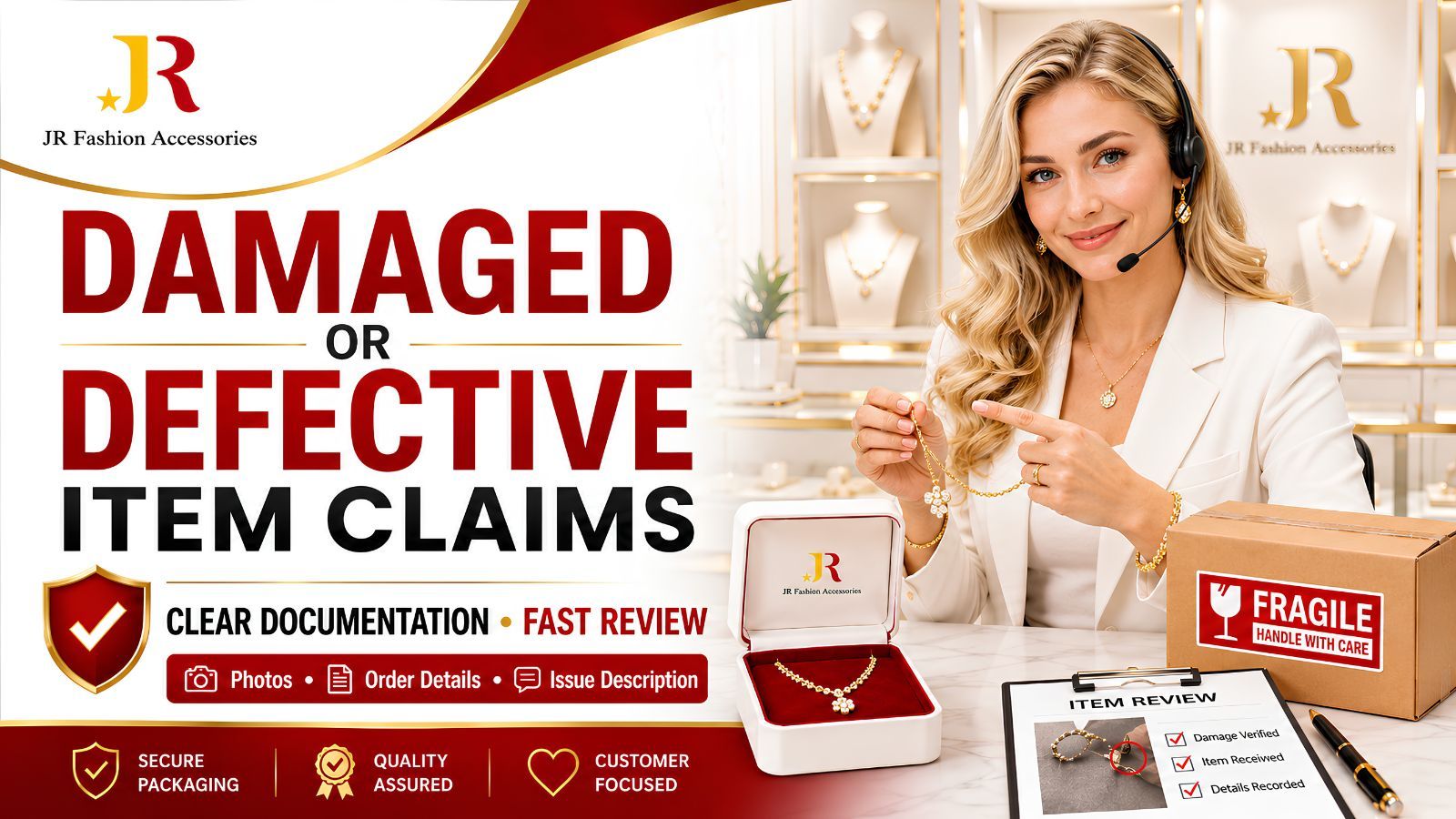 Wholesale jewelry supplier handling damaged or defective item claims with fast review process.