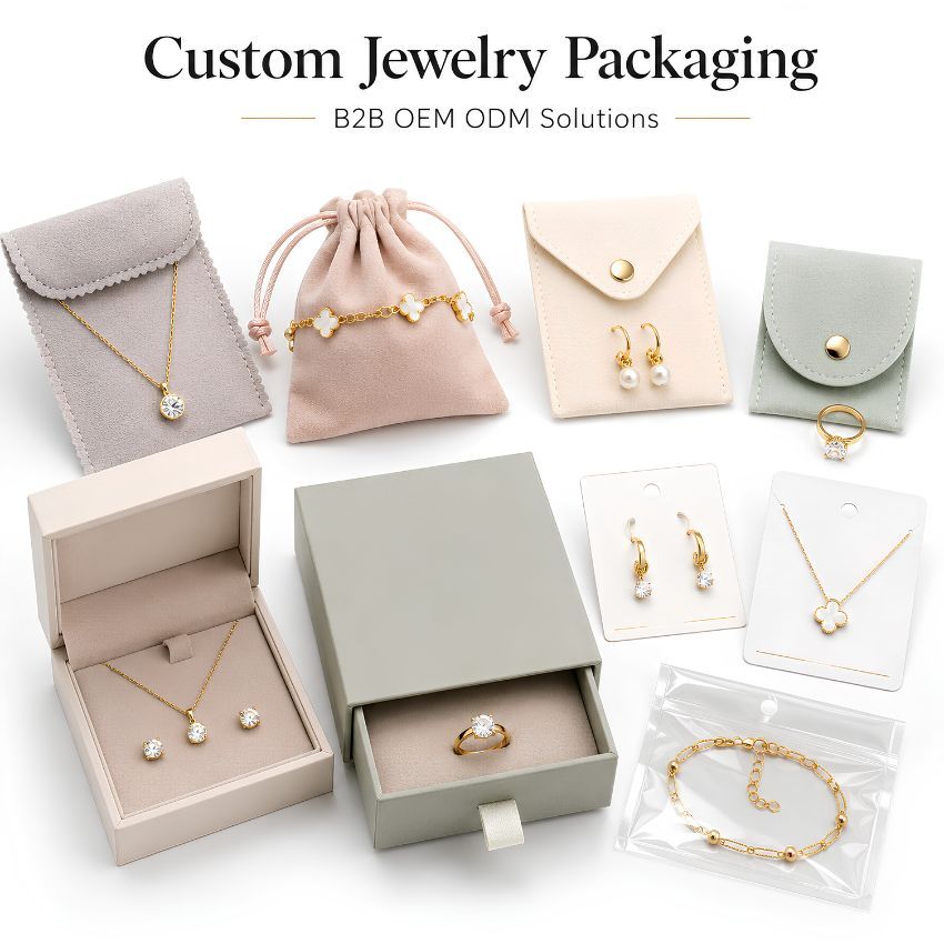 B2B OEM ODM custom jewelry packaging solutions: velvet pouches, premium rigid boxes, and retail display cards.