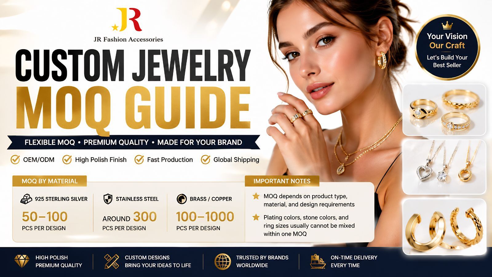 Riktlinjer för MOQ av anpassade smycken för OEM/ODM, med ringar, halsband och örhängen.