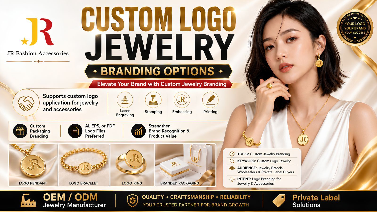 Aangepaste logo sieraden OEM/ODM fabrikant. Private label brandingoplossingen voor hangers, ringen en verpakking.