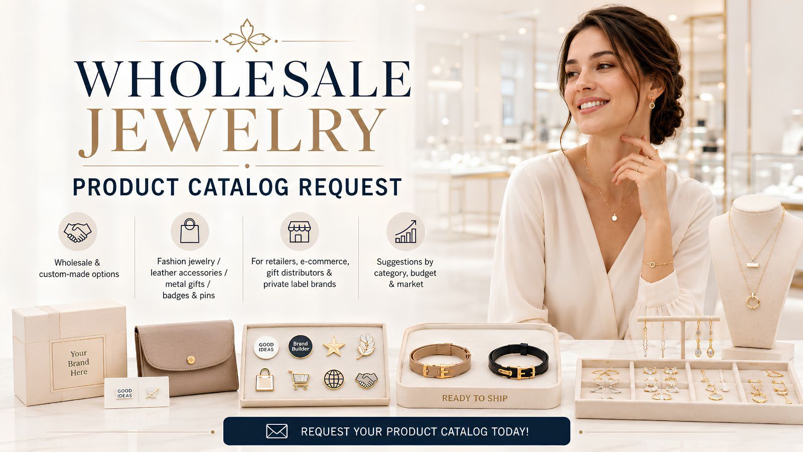 B2B engros smycken och anpassade accessoarer produktkatalogförfrågan för återförsäljare och privata varumärken.