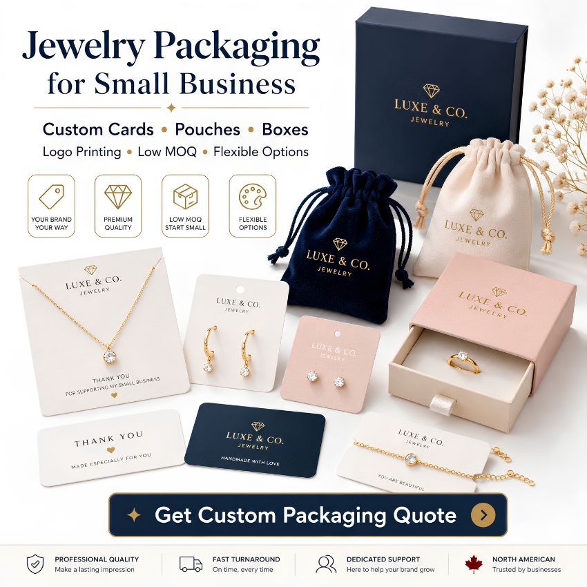 Sieradenverpakking voor kleine bedrijven met aangepaste roze dozen, trekkoord zakjes en gouden minimalistische edelstenen sieraden.