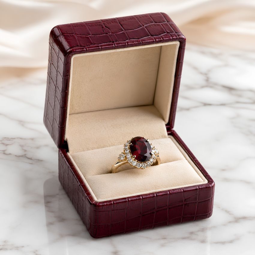 Luxe krokodillen-embossed leren ringdoos open met een vintage ovale robijn halo verlovingsring op een marmeren oppervlak.