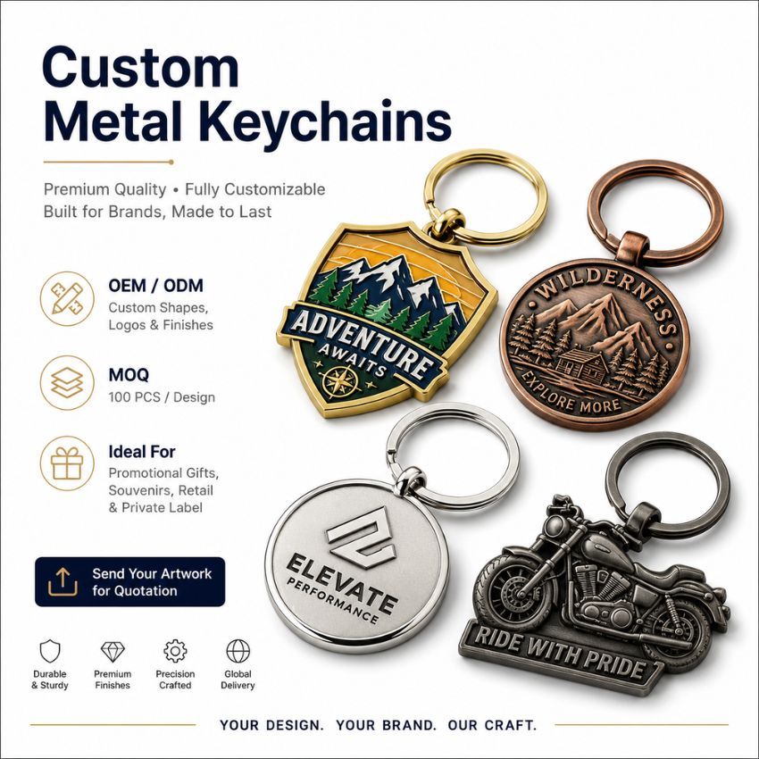 Llavero de metal personalizado en varias formas y acabados, incluyendo escudo de esmalte, bronce antiguo de fundición y banner de MOQ de 100 pcs.