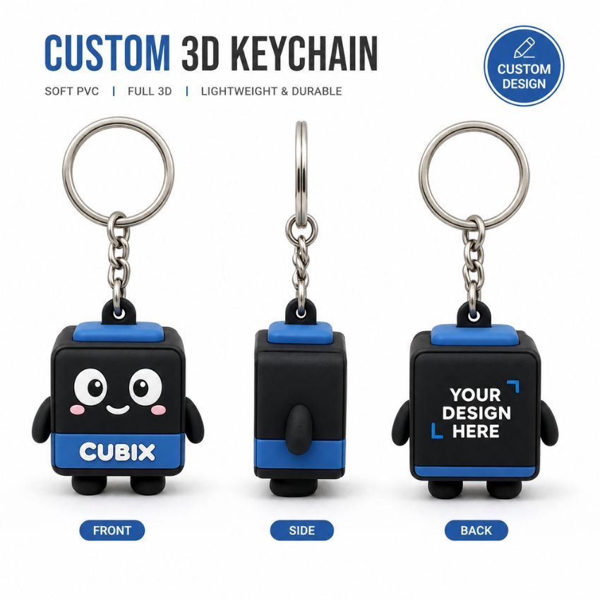 Llavero 3D de PVC suave personalizado que muestra vistas frontal y trasera para la colocación del logo de la marca corporativa.