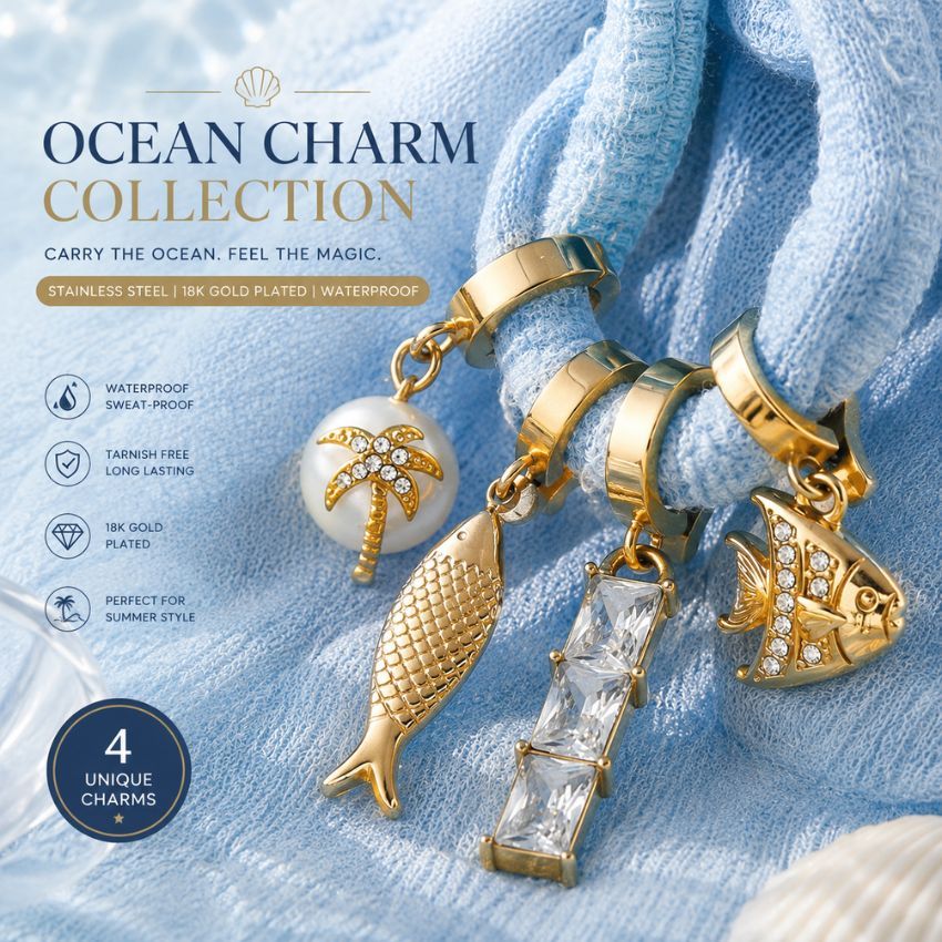 Colección de charms de océano chapados en oro de 18k a prueba de agua con motivos de pez y palmera, ideal para líneas de joyería de verano al por mayor.