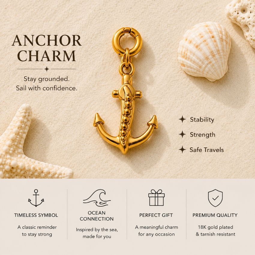 Waterproof 18k gold PVD clip-in charms on model, showing stylish apparel and jewelry branding.