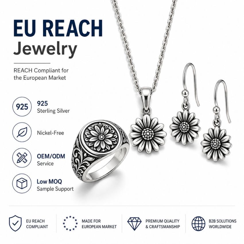 مجموعة مجوهرات عباد الشمس من الفضة الاسترليني 925 المتوافقة مع EU REACH، تتضمن خاتمًا، قلادة، وأقراط للبيع بالجملة B2B.