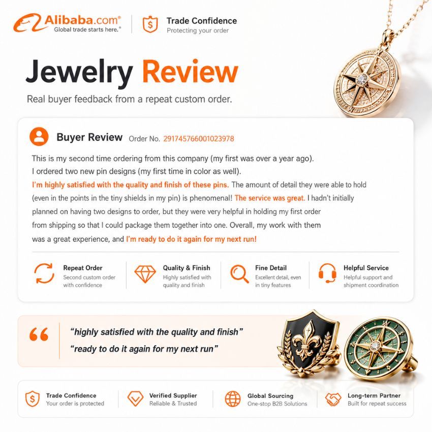 Avaliação de comprador da Alibaba destacando pins de esmalte personalizados de alta qualidade e colar de bússola dourada para fornecimento B2B.