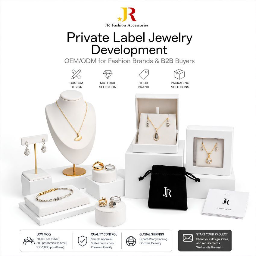 Private label jewelry OEM/ODM manufacturing, offering custom design, materials, and branded packaging for B2B.