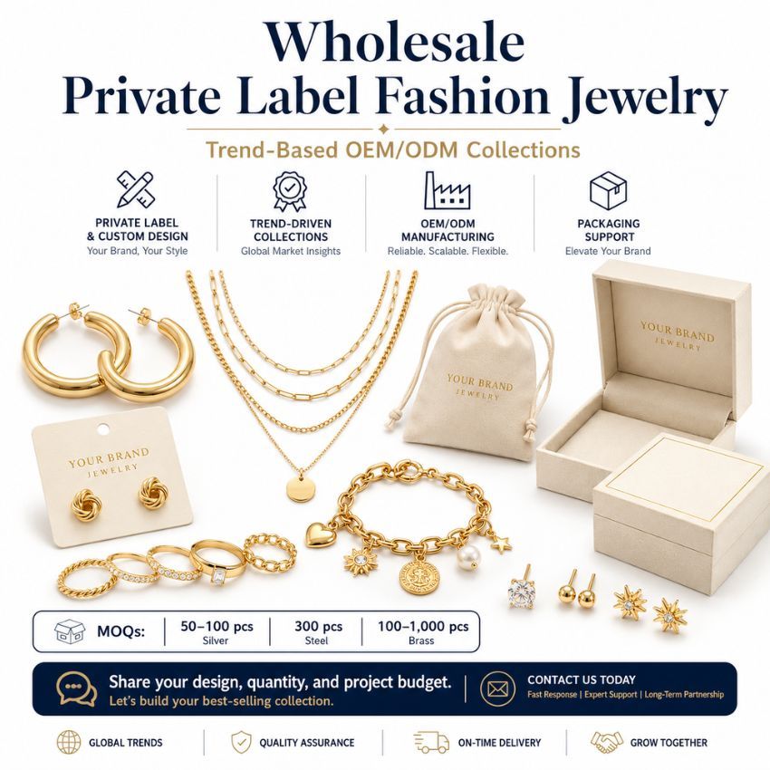 Wholesale private label fashion jewelry collection featuring custom OEM/ODM necklaces, rings, and branded packaging.