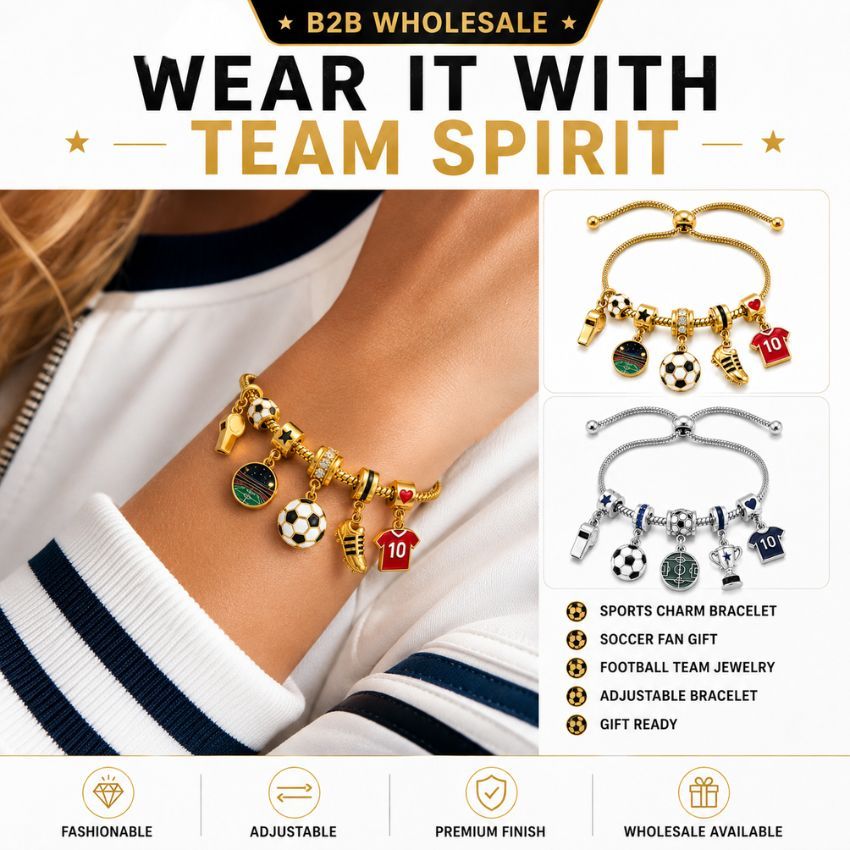 Adjustable sports charm bracelet worn on wrist next to gold and silver soccer team jewelry options for B2B wholesale.