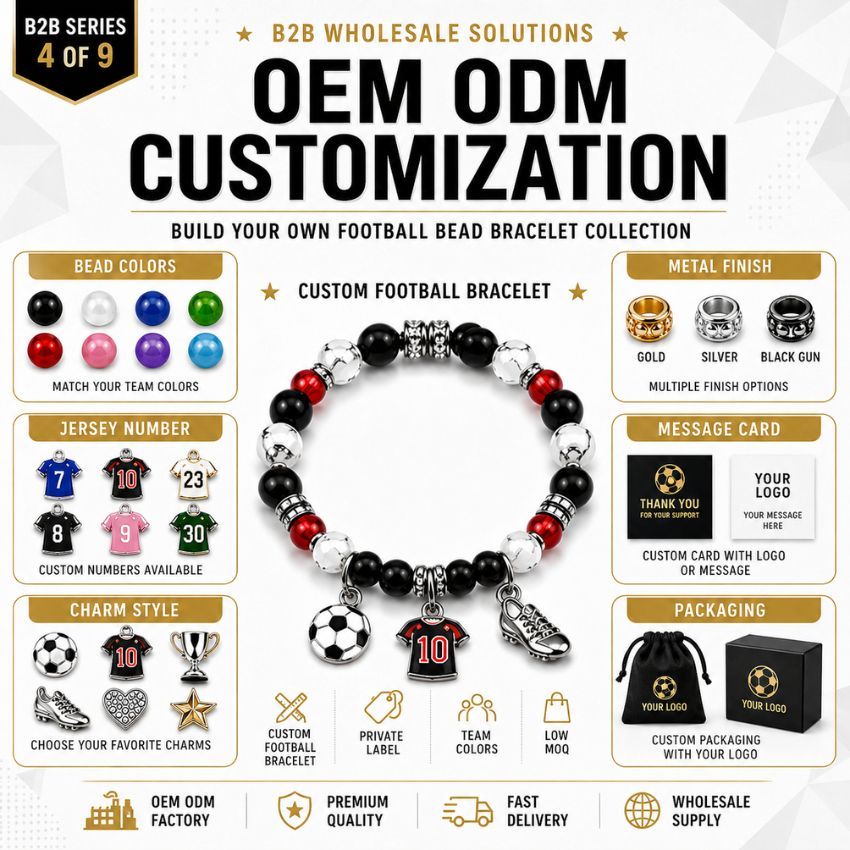Custom football bead bracelets with sports charms showcasing wholesale gift-ready supply features for team promotions.