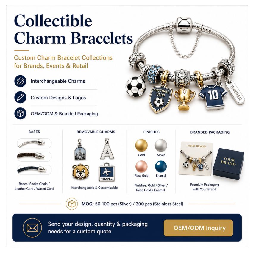 Collectible charm bracelets catalog detailing snake chain bases, removable charms, finishes, and branded packaging OEM.