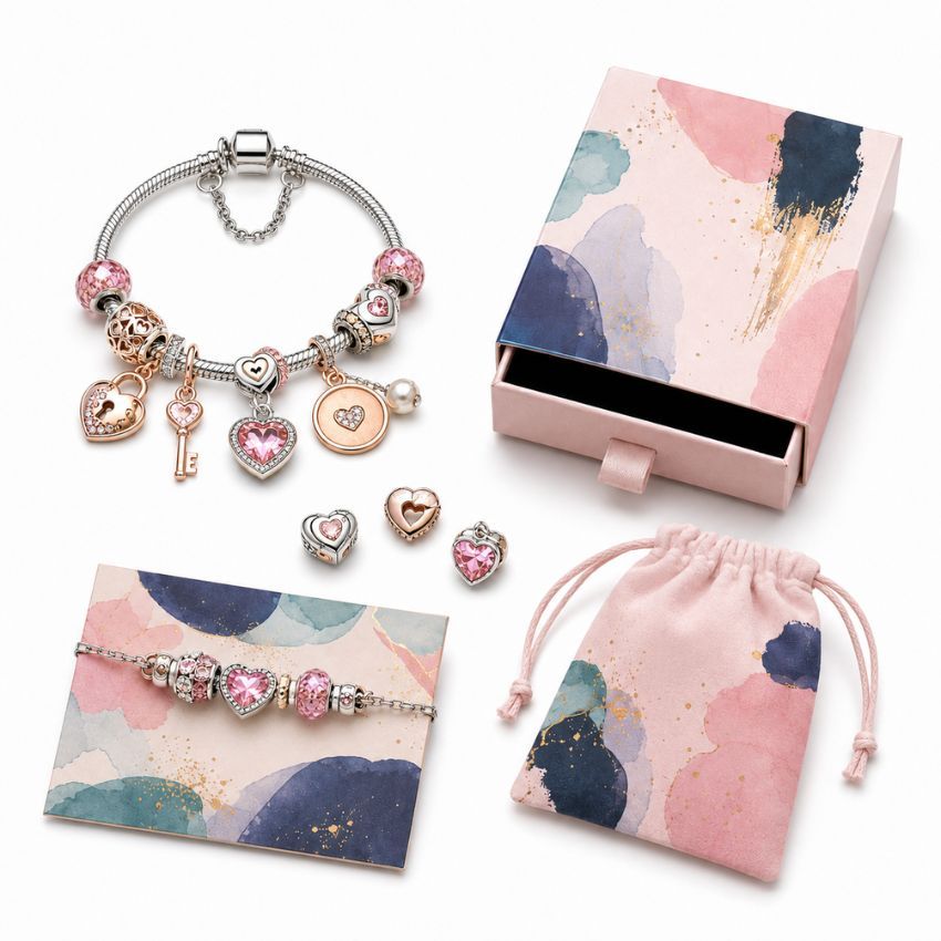 Silver snake chain charm bracelet with pink crystal hearts and lockets, complete with wholesale gift packaging.