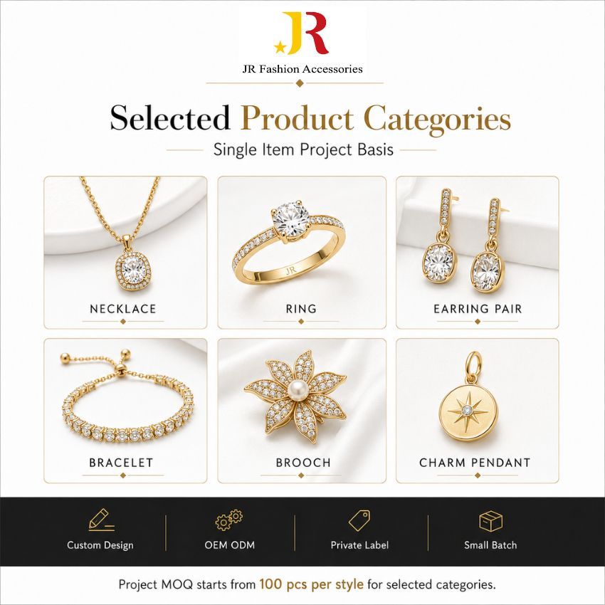 Selected jewelry categories including custom rings, necklaces, and bracelets for small batch private label projects.