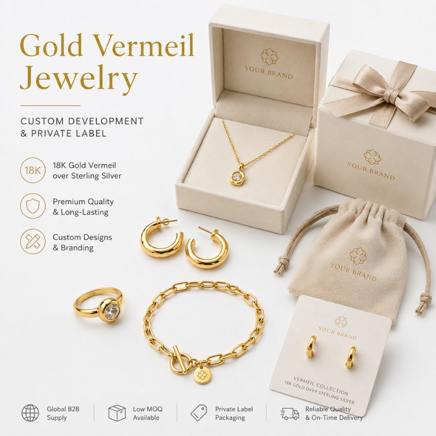 Aangepaste gouden vermeil juwelencollectie met private label verpakking voor B2B groothandel en OEM ontwikkeling.