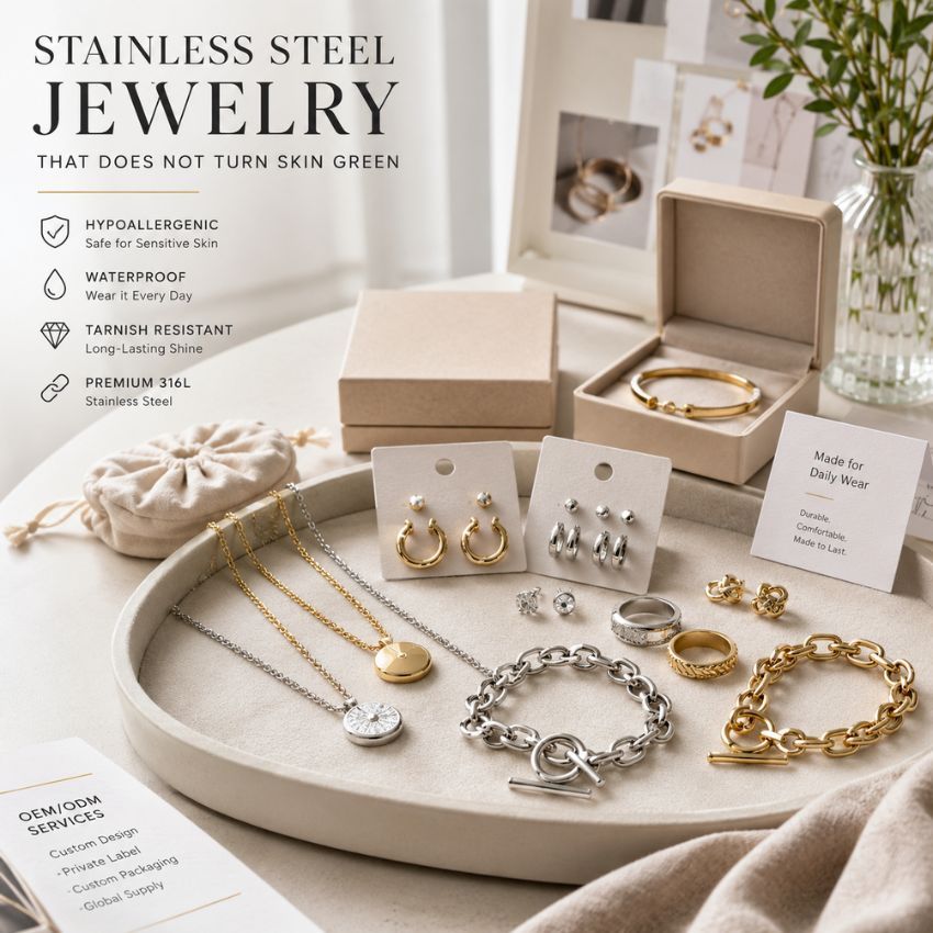 Hypoallergene roestvrijstalen sieraden collectie voor groothandel. OEM/ODM-diensten voor niet-verkleurende stukken.
