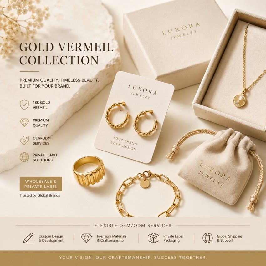 18K verguld sieraden collectie met private label verpakking. OEM/ODM groothandelsdiensten voor B2B merken.