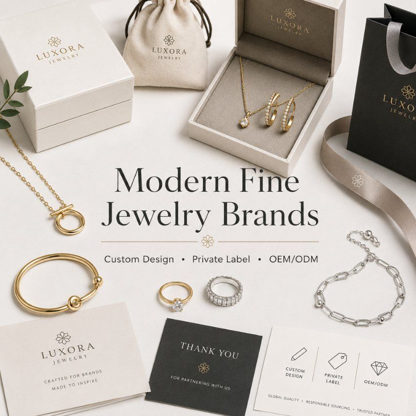 Moderne fijne sieraden collectie met luxe private label verpakking voor op maat gemaakte B2B groothandel.