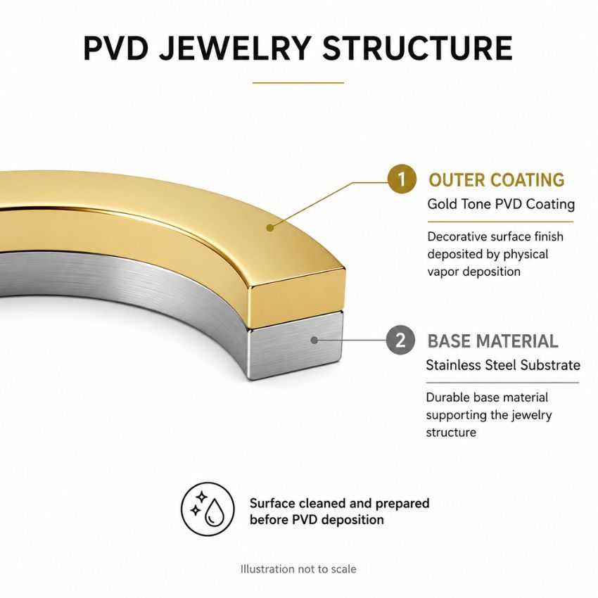 Diagram dat de PVD-goudcoatingstructuur over een roestvrijstalen substraat toont voor de groothandel in sieraden.