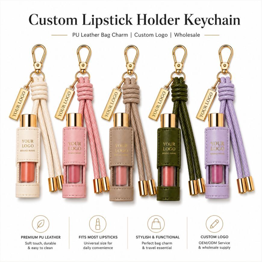 Custom PU leather lipstick holder keychains in multiple colors with custom logo tags for wholesale supply.