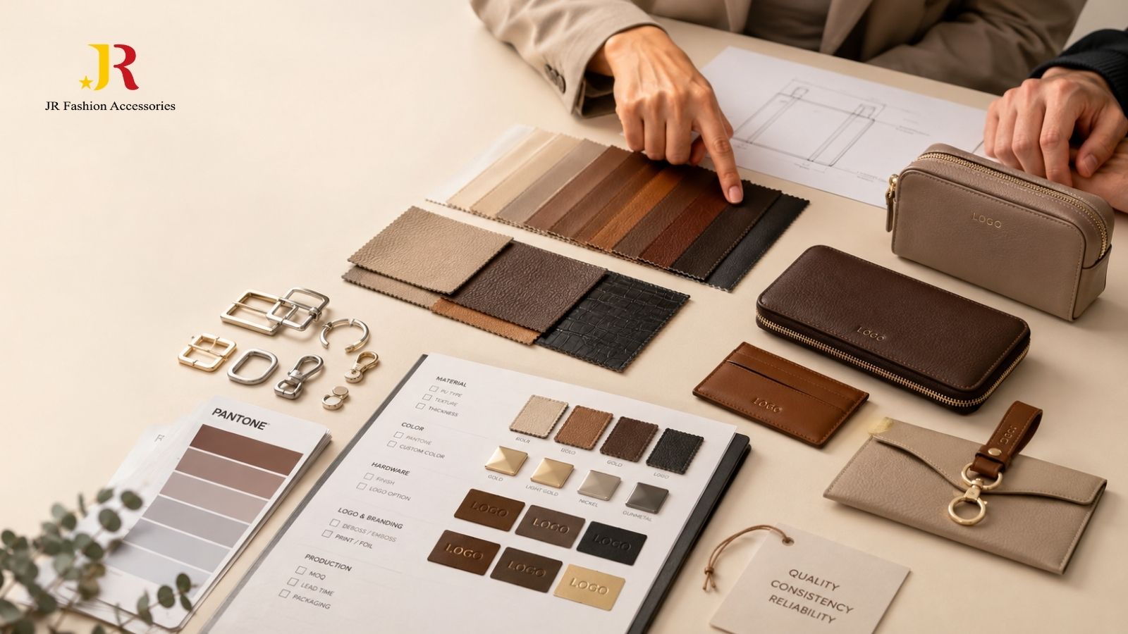 Uitgebreide productie-indeling met op maat gemaakte PU-leer monsters, metalen hardware, Pantone-gidsen en afgewerkte bedrijfsaccessoires.