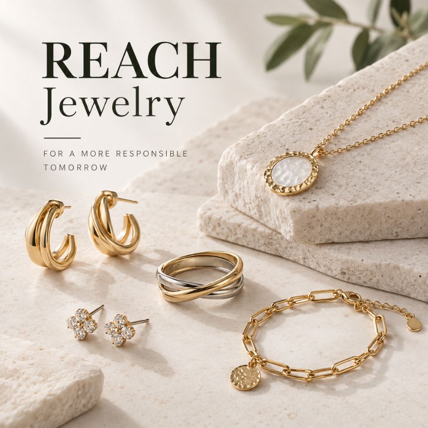 Sustainable gold-plated jewelry collection including earrings, layered rings, and necklaces on a textured stone display, highlighting eco-friendly wholesale options.