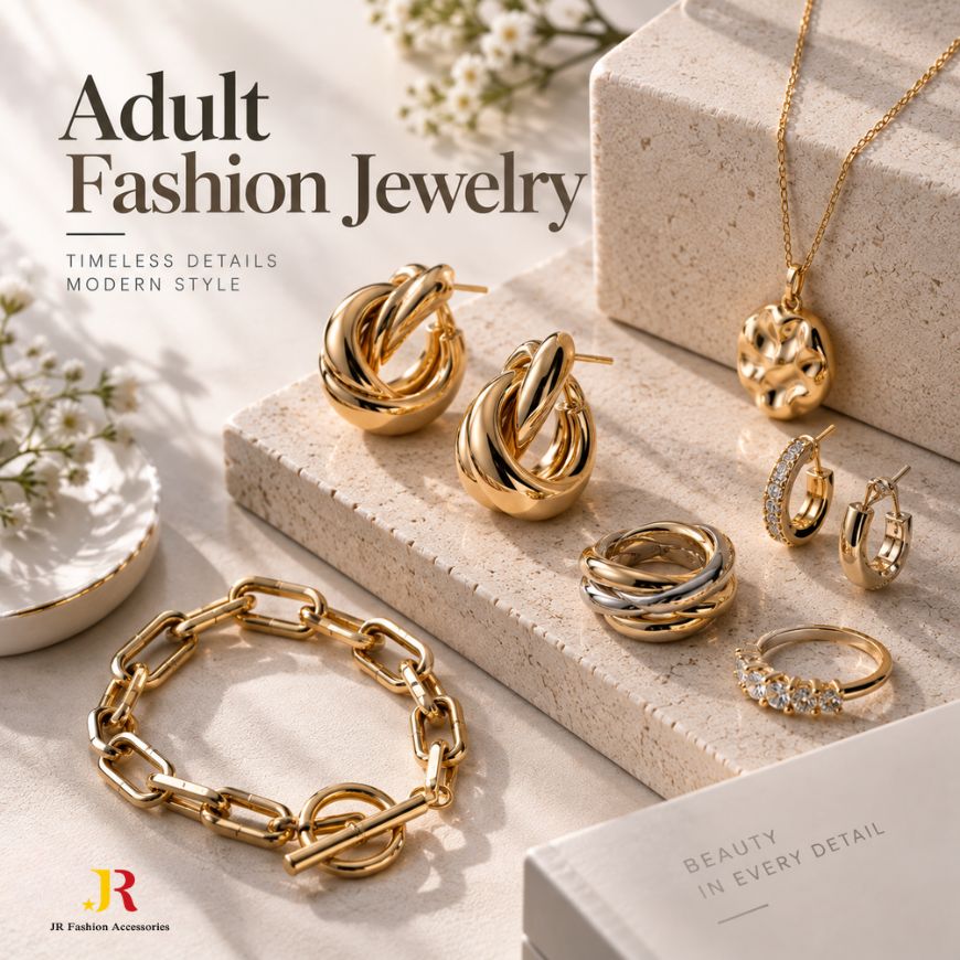 Custom gold plated fashion jewelry set with hoop earrings, chain bracelet, and rings for wholesale manufacturing.