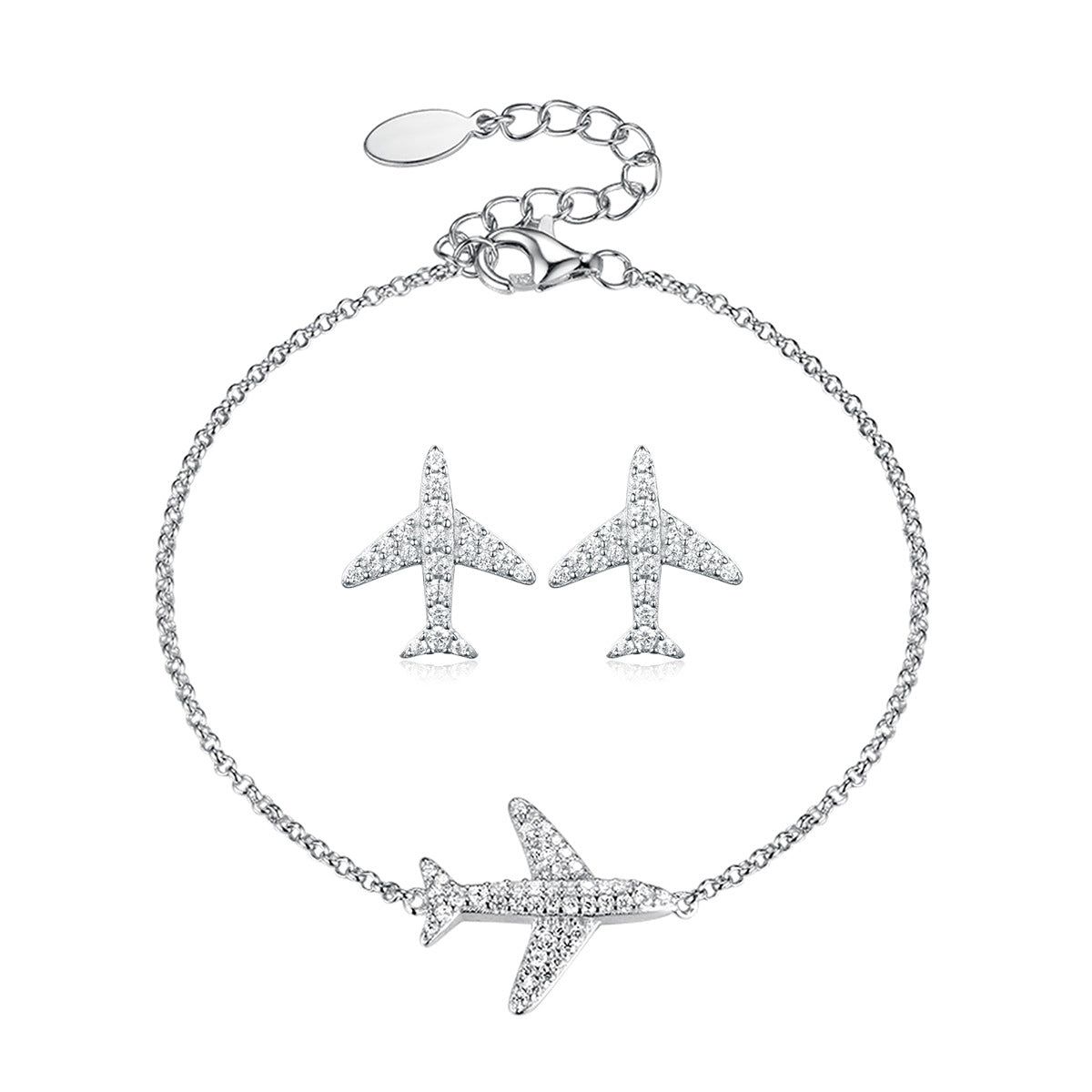 A complete minimalist airplane-themed jewelry set in 925 sterling silver, featuring a delicate bracelet and matching earrings encrusted with sparkling cubic zirconia.