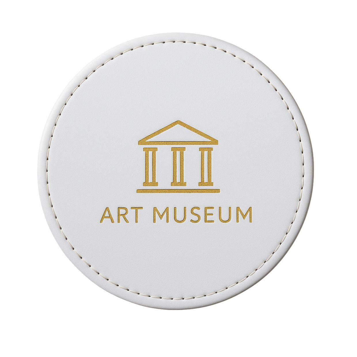 A custom brown leather coaster featuring the debossed logo of an art museum, showcasing a premium promotional gift option.