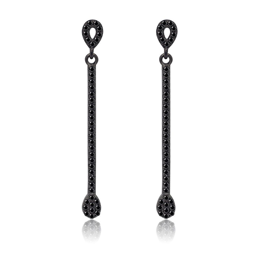 Une paire de boucles d'oreilles pendantes en barre CZ noire avec un design long et élancé, ornée de petites pierres en zircon cubique noires.