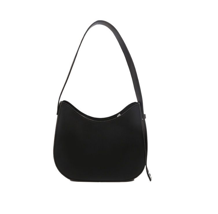 A stylish black PU leather moon shape handbag with a single strap, showcasing its unique curved design.
