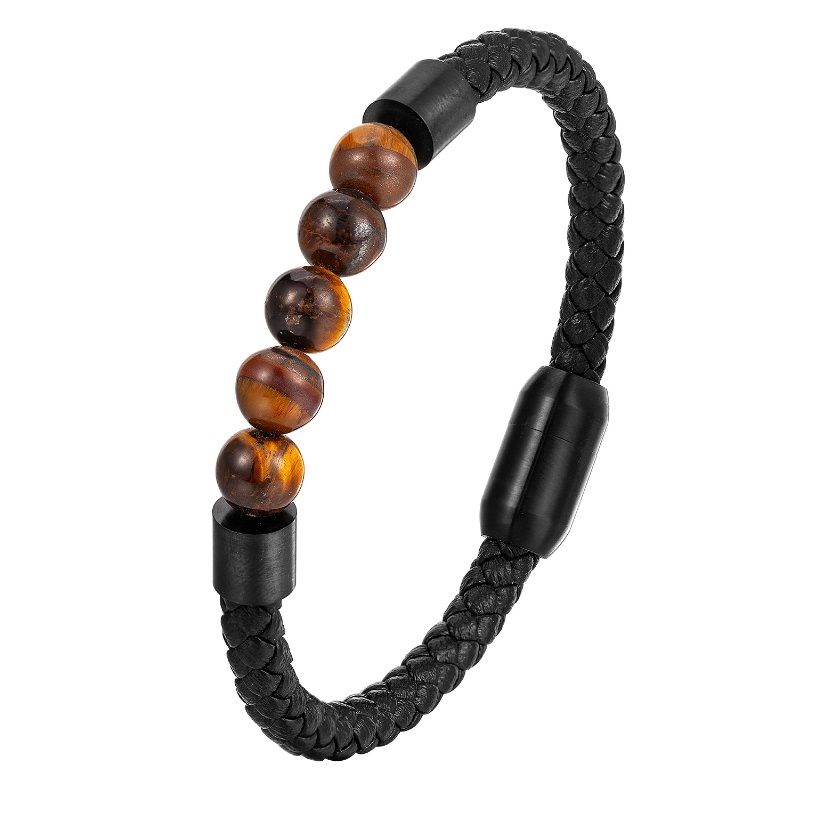 Ett stiligt herrretroarmband med äkta svart läder sammanflätat med iögonfallande tigeröga-pärlor och detaljer i rostfritt stål.