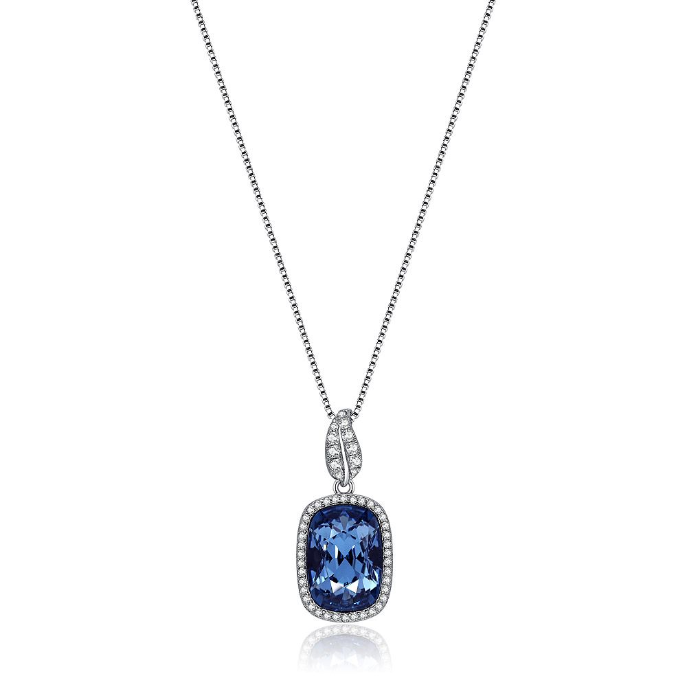Blue Swarovski Crystal Rectangle Drop Necklace in 925 sterling silver, featuring a vibrant blue crystal pendant surrounded by a pave of white crystals.