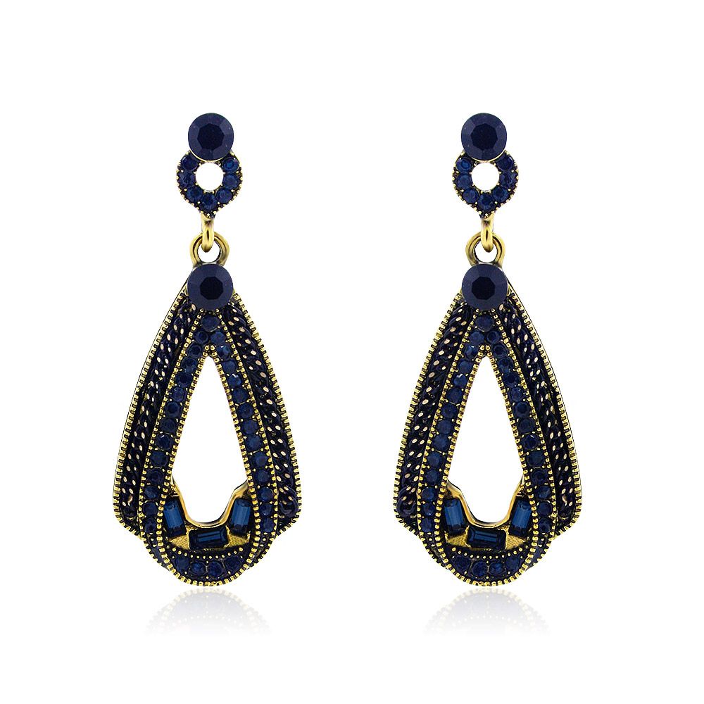 Pendientes Vintage de Araña Azul Montana con piedras preciosas en forma de lágrima de color azul oscuro, montadas en un ajuste de latón chapado en oro.