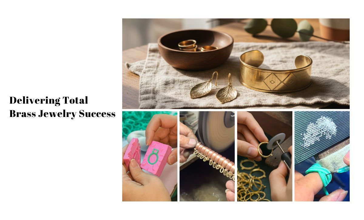 Expert craftsmanship in custom brass jewelry manufacturing by JR Fashion Accessories, showcasing a collection of finished pieces and tools.