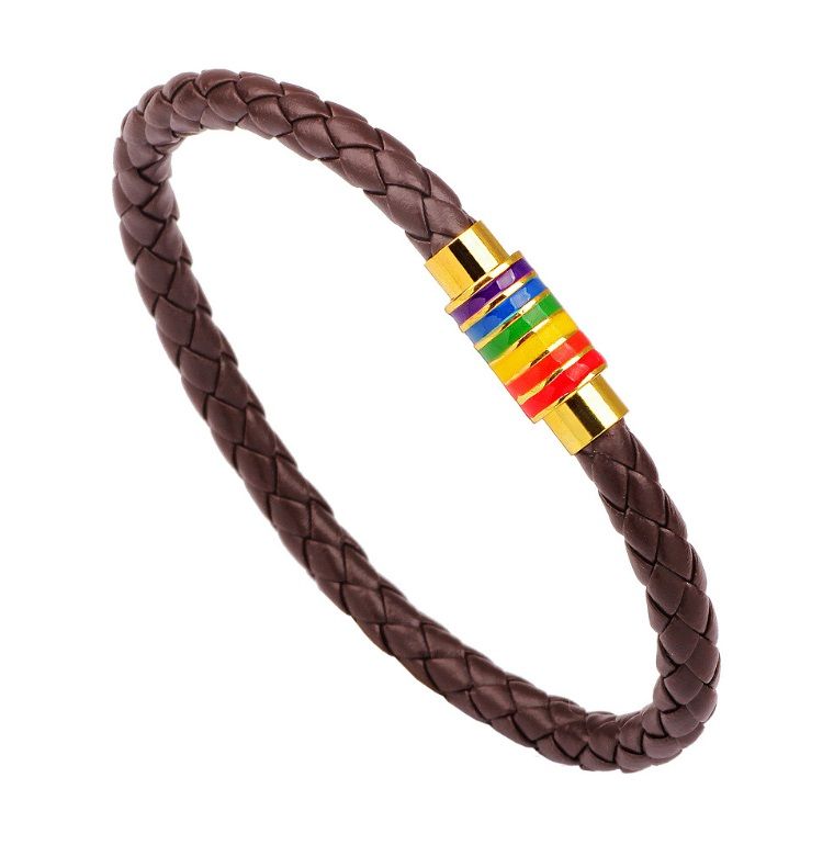 A close-up of the Rainbow LGBT Pride braided brown PU leather bracelet, highlighting the stainless steel magnetic clasp with vibrant enamel rainbow colors.