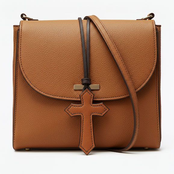 A custom brown leather cross charm elegantly attached to a matching leather purse, showcasing a stylish and symbolic accessory.