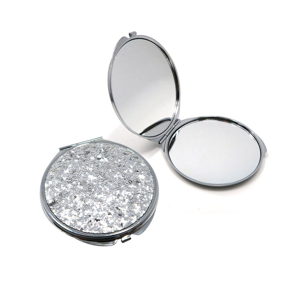 A customizable sequin flat cosmetic compact mirror, model PID-6282, showcasing its sparkling glittery surface, ideal for promotional gifts.