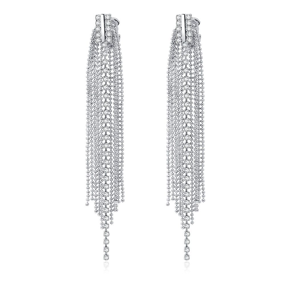 A close-up view of the Crystal Tassel Chandelier Clip Earrings, showcasing the sparkling white Czech crystals and rhodium-plated brass tassel design.