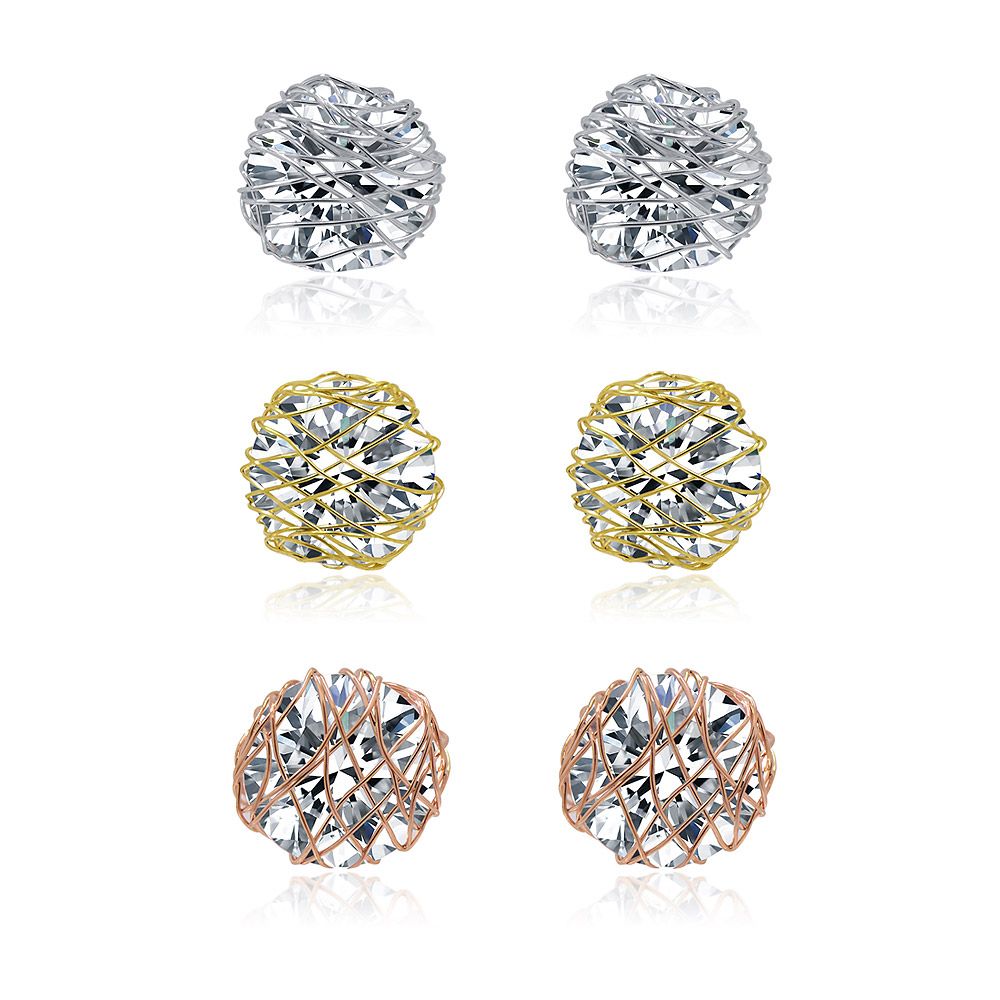 A set of three pairs of round CZ stud earrings, displayed in silver, gold, and rose gold plated brass settings, perfect for versatile styling.