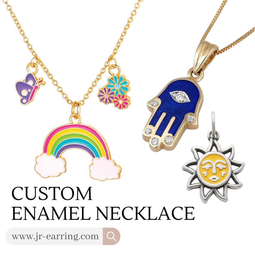 A collection of custom enamel necklaces with various colorful and unique charm designs, offered by JR Fashion Accessories.