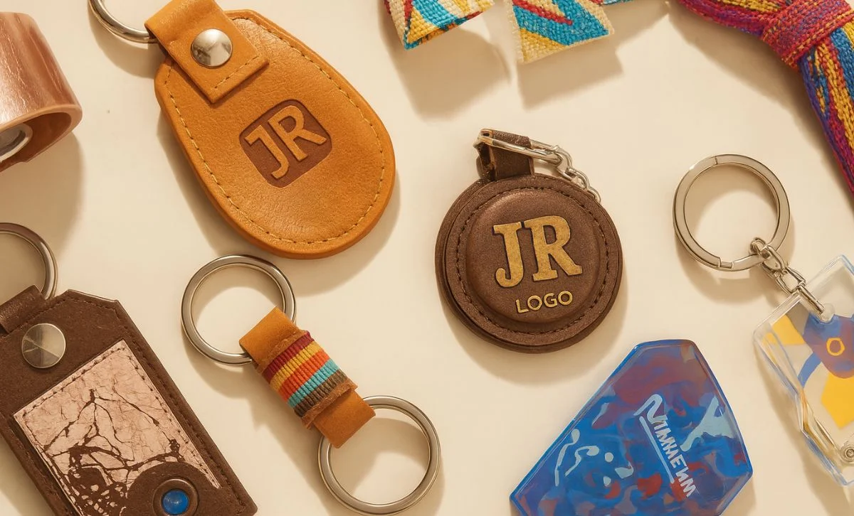 En kollektion av skräddarsydda nyckelringar från JR Fashion Accessories, som visar upp olika högkvalitativa läder- och tygdesigner.