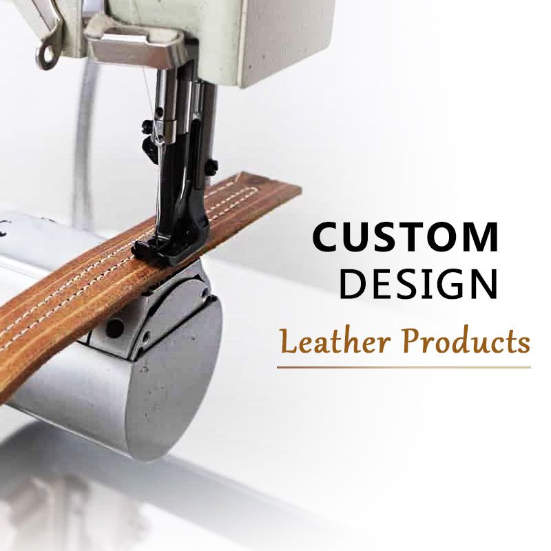 Close-up of a sewing machine stitching a custom leather strap, showcasing the detailed manufacturing process for bespoke leather goods at JR Fashion Accessories.