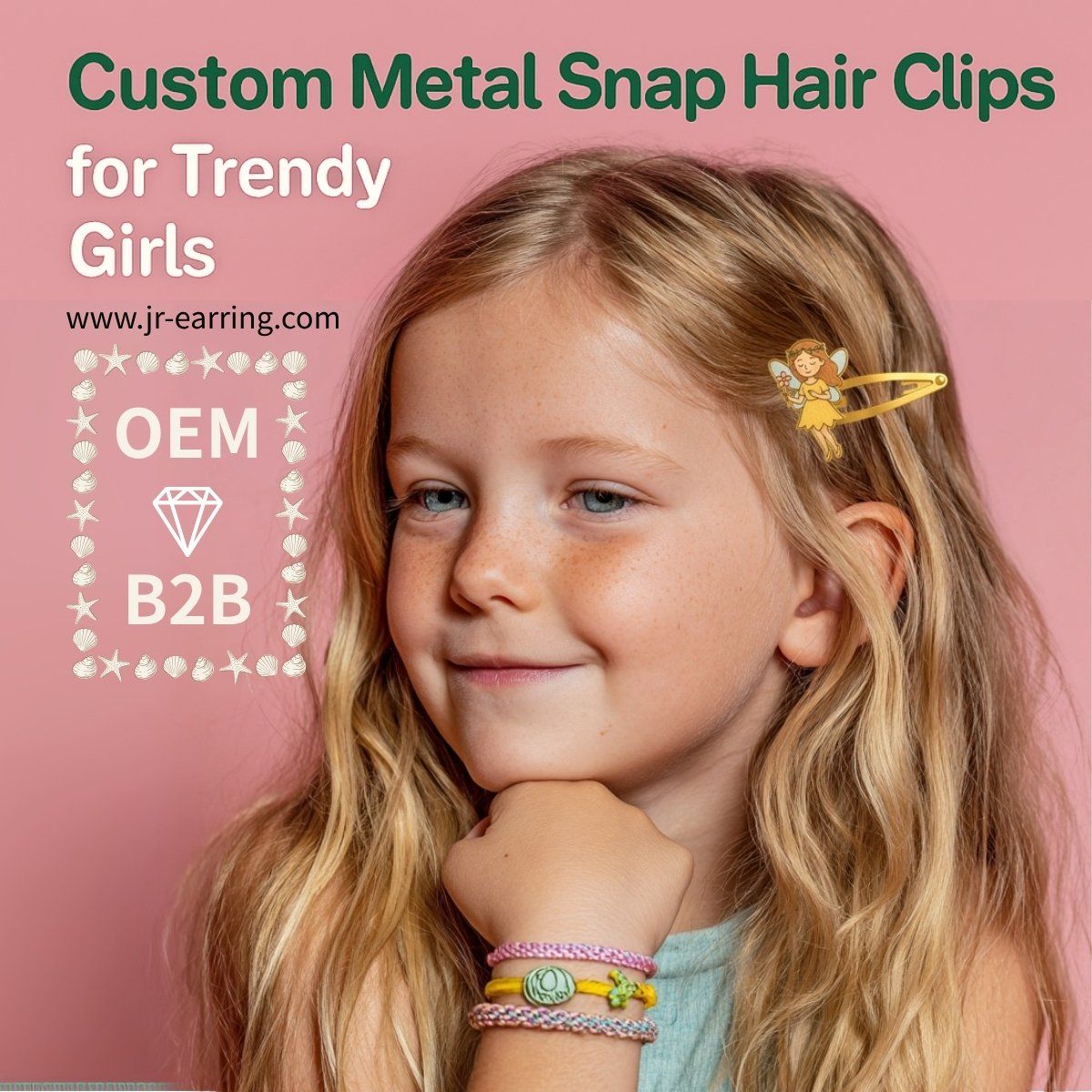A vibrant collection of custom metal snap hair clips for girls, showcasing various colors and designs available for B2B OEM orders from JR Fashion Accessories.
