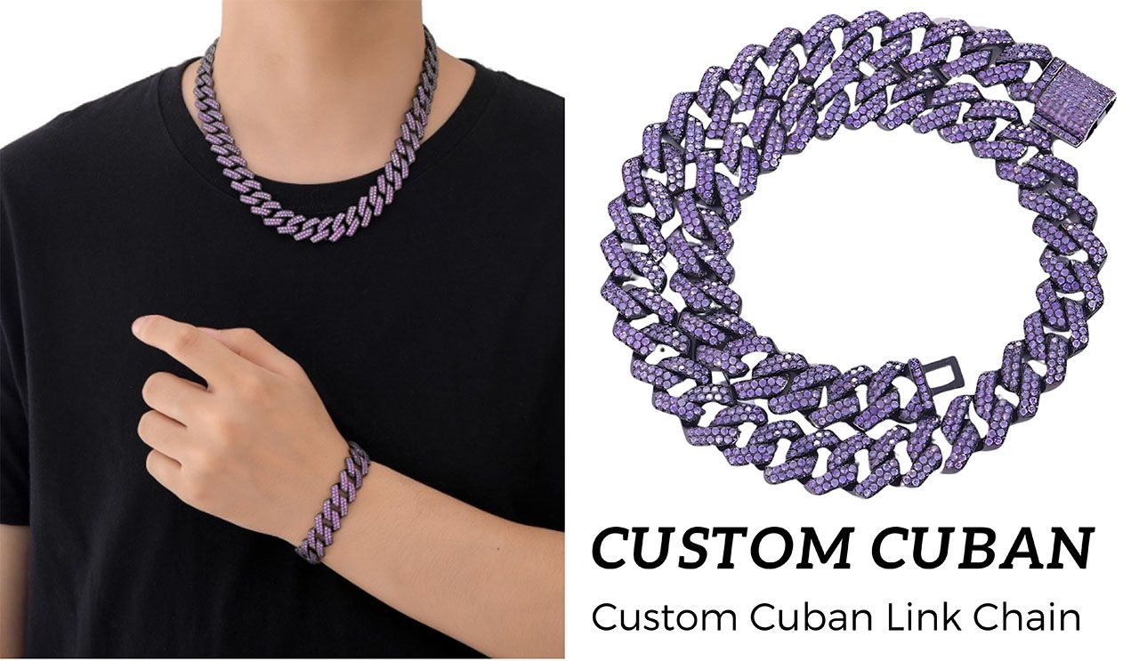 Custom 15mm purple Cuban link chain set with necklace and bracelet, featuring brilliant cubic zirconia stones, crafted by JR Fashion Accessories.