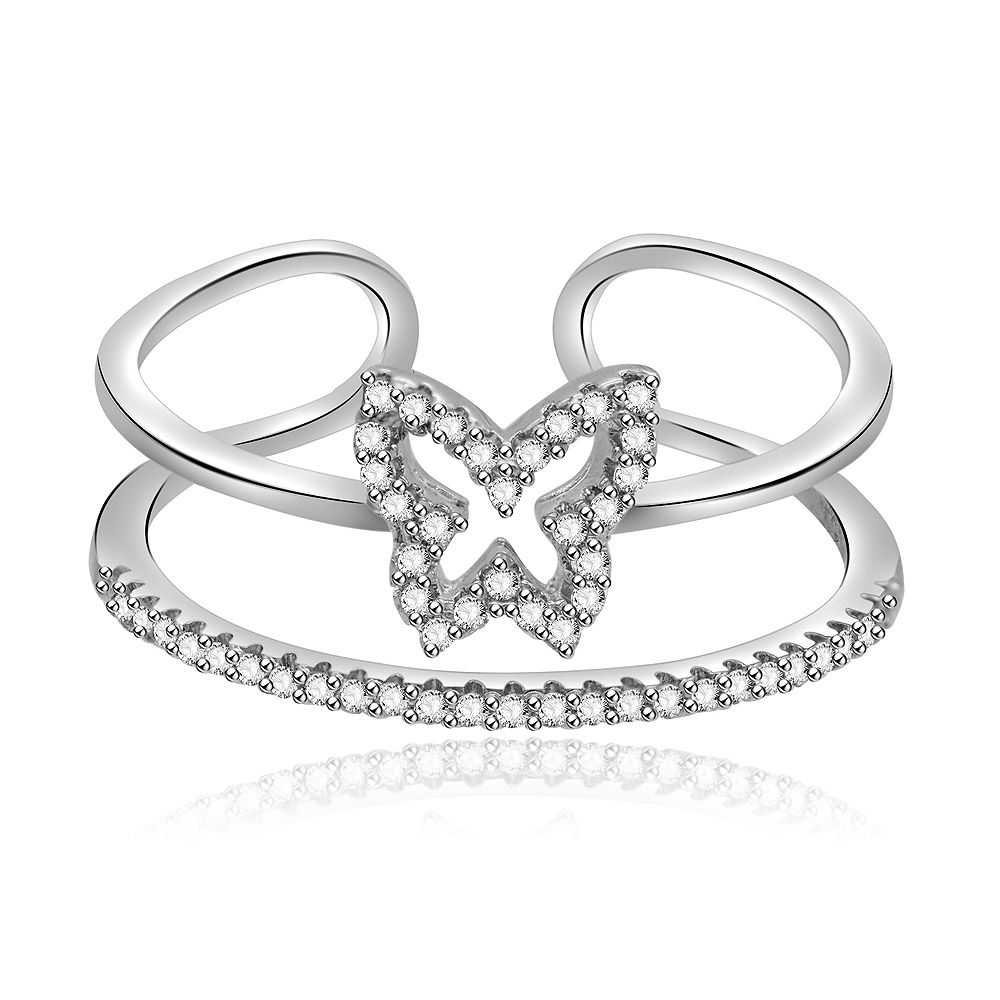 A close-up of the White CZ Butterfly Ring, featuring a butterfly centerpiece studded with cubic zirconia diamonds and an elegant infinity loop design on the band.