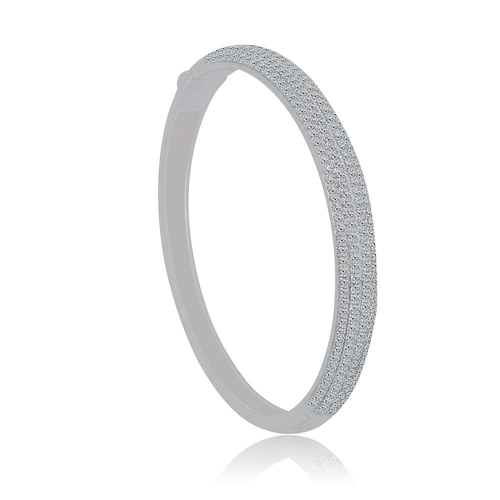 Close-up view of the Clear Round Cubic Zirconia Oval Pave Bangle, showcasing the rows of sparkling stones on its rhodium-plated surface.